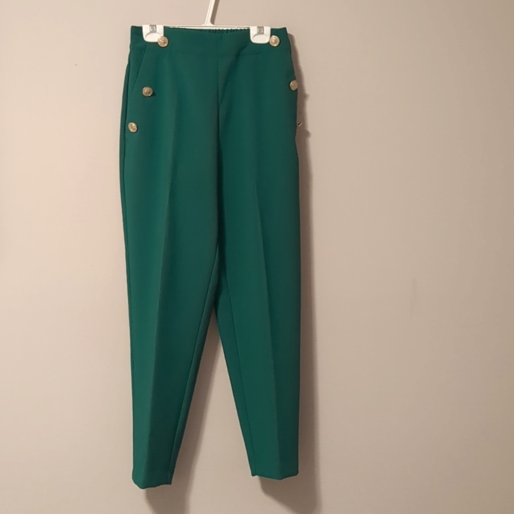 ZARA High Waisted Mariner Pants Forest Green Gold Button Trousers - S - Picture 2 of 11